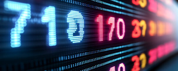 Close-up of a colorful digital display showcasing stock market numbers and trends, reflecting financial dynamics and trading.
