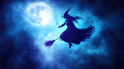 Fototapeta premium Halloween Witch Flying on a Broom Under the Full Moon, 3D Illustration. AI generated illustration.