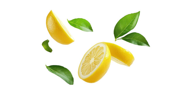 Yellow lemon slices falling with green leaves isolated on transparent background