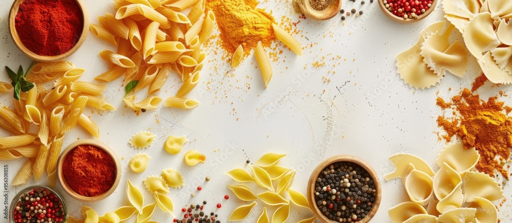 Poster various pasta spices and items showcased on a white surface from above with room for text in the ima