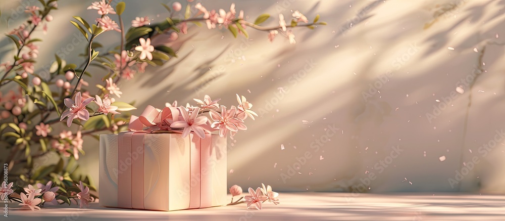 Aufkleber spring flowers decor and an elegantly wrapped gift box displayed on a light background with a copy s