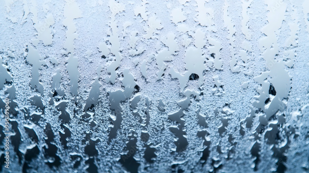 Poster a window with water droplets on it. the droplets are scattered all over the window, creating a blurr