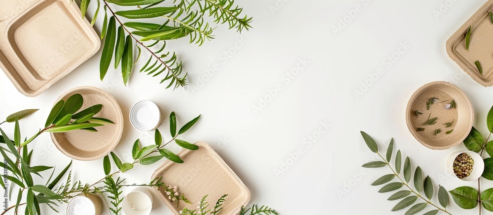 Aufkleber top view of a selection of eco friendly biodegradable craft dishes placed on a light white table bac