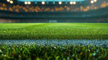 Naklejka premium Close up of Green Artificial Grass Field with White Line and Blurred Stadium Lights