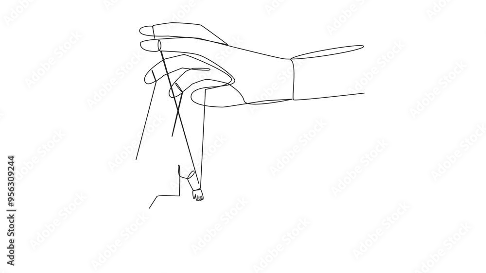 Poster animation of single continuous line drawing astronaut walk by being moved by ropes controlled by a g