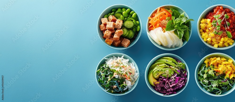 Poster Various poke bowl varieties showcased in a top view image with a blue background with plenty of copy space for additional text or graphics