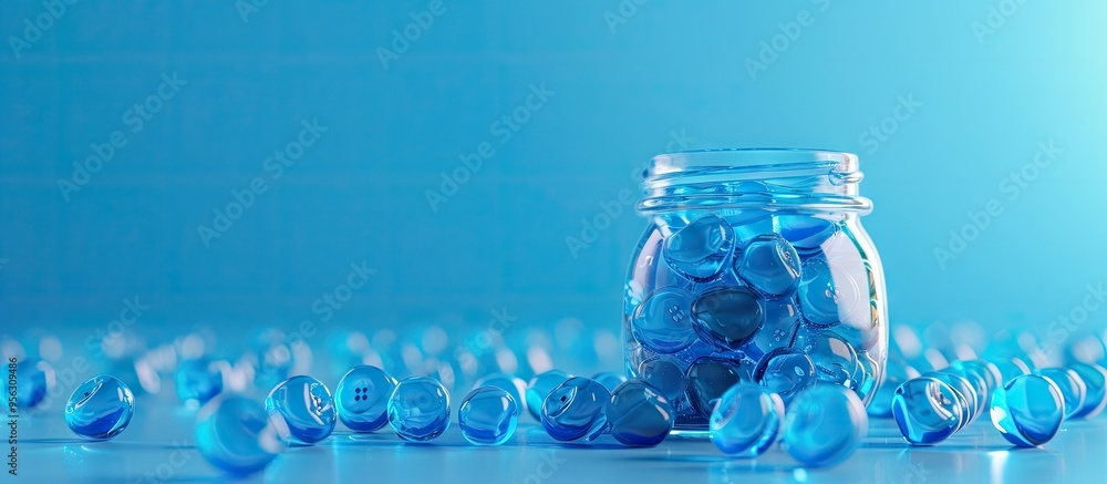 Poster Blue jar filled with jelly candies on a matching blue backdrop with room for a text overlay in a copy space image