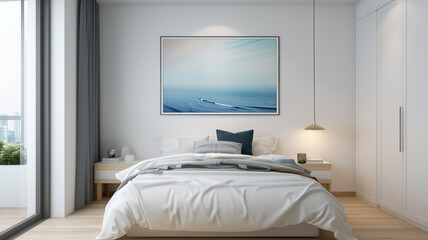 a minimalist bedroom with a single piece of artwork above the bed