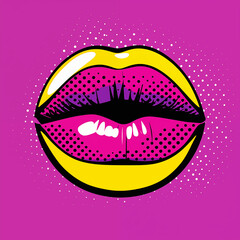 Pop art lips illustration with vibrant pink and yellow colors on a dotted background