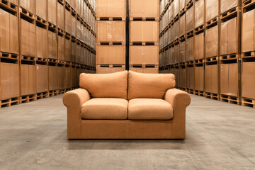 Cozy couch positioned in a spacious warehouse, surrounded by storage shelves filled with boxes, showcasing minimalistic interior design.