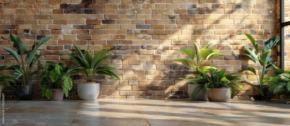 Aufkleber houseplants arranged on the floor against a brown brick wall creating a composition with copy space 