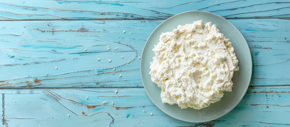 Poster top view of delicious ricotta on a pale blue wooden surface ideal for placing text in the image. cre