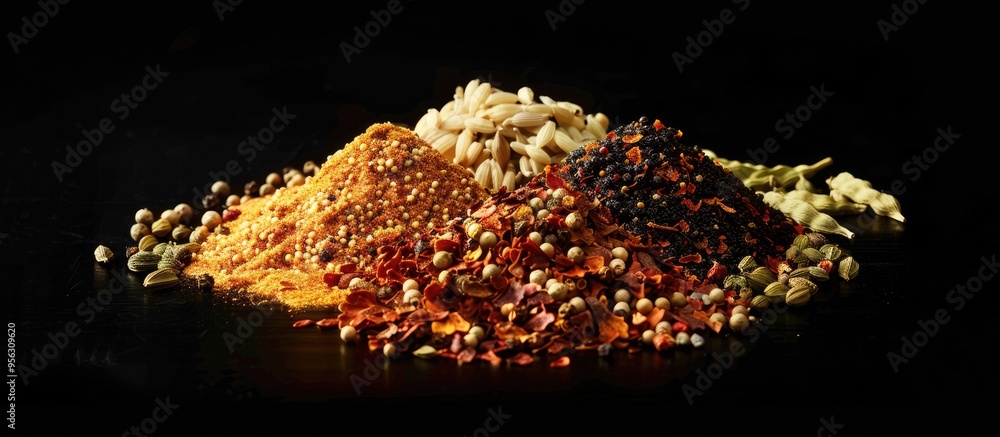Poster whole spice mix from india showcased on a black backdrop with ample space for text or other elements