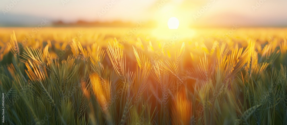 Aufkleber sunset illuminating lush green wheat field with copy space image