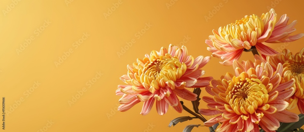 Poster chrysanthemum flowers elegantly displayed against yellow backdrop with copy space image