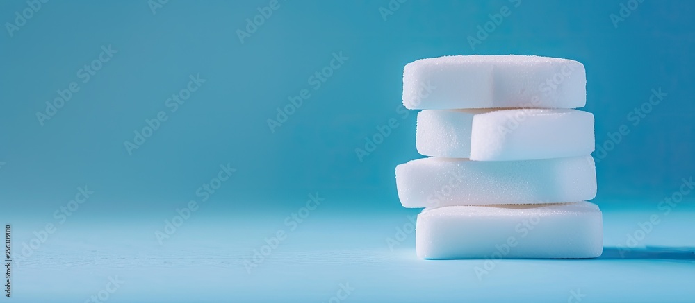 Aufkleber A stack of sugar substitute tablets on a blue backdrop with room for a copy space image serving as an alternative to traditional sugar