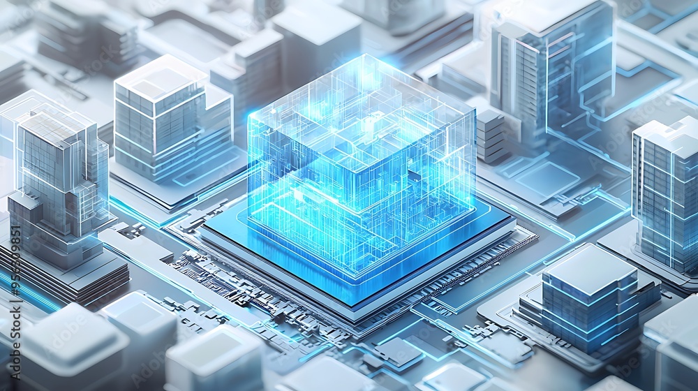 Aufkleber a futuristic cityscape intricately designed on a circuit board, blending urban life with the complex
