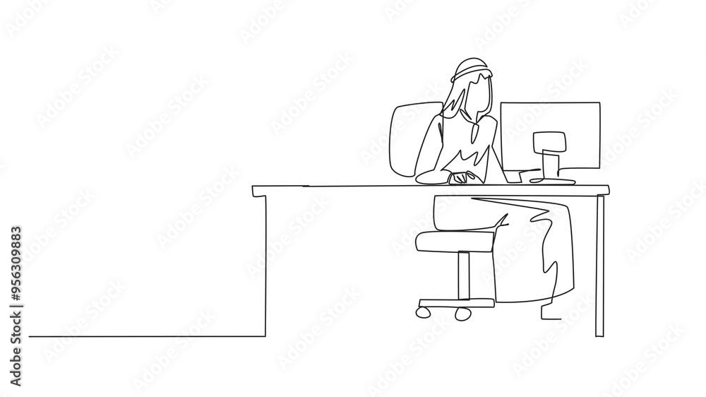 Aufkleber self drawing animation of continuous line drawing arab businessman typing at computer. trapped by bu