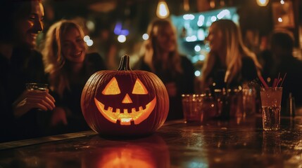 Jack-O'-Lantern on the Bar with Friends in the Background, 3D Illustration. AI generated illustration.
