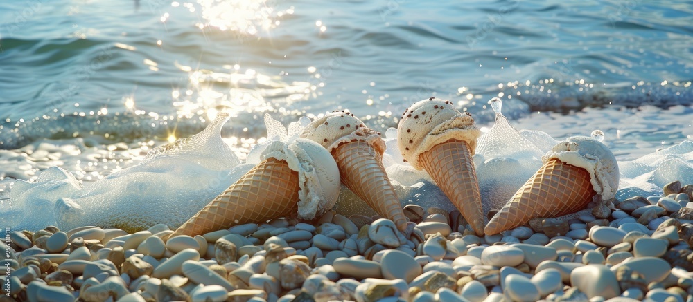 Poster relaxing on the pebble beach indulging in ice cream treat with empty cones on display against a back