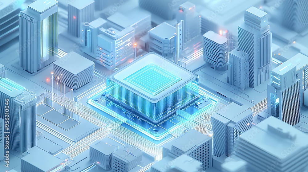 Poster a futuristic cityscape glowing with the light of a central cpu chip, pulsating with energy and symbo