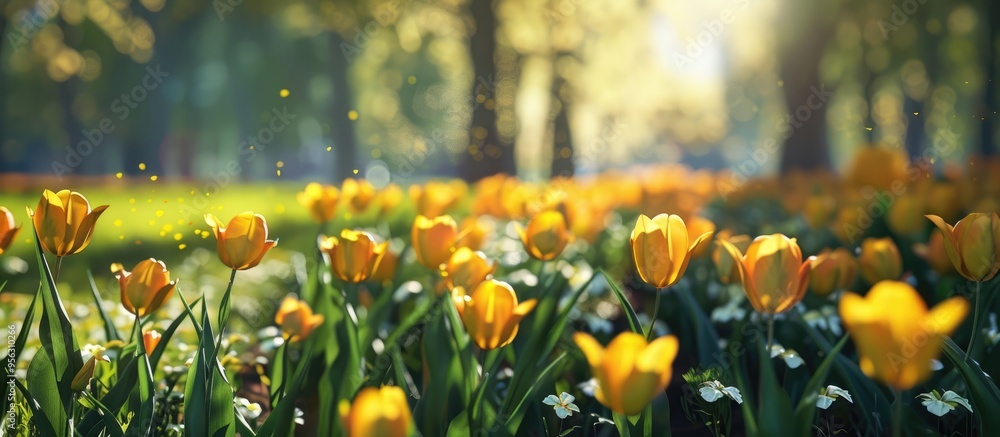 Poster sunny park scene with vibrant yellow tulips ideal as a copy space image