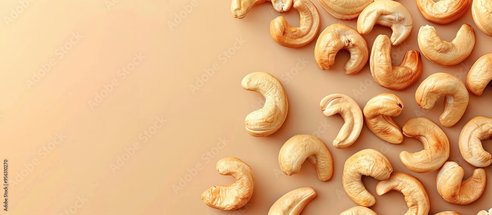 Poster close up view of freshly roasted cashews on a plain background with ample copy space image