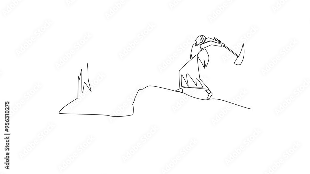 Poster animated self drawing of continuous one line drawing arab businessman standing on edge of cliff hold