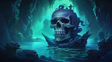 Ghostly pirate treasure, glowing under the sea, ancient curse, Watercolor style