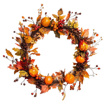 Autumn wreath isolated on transparent background. Generated ai.
