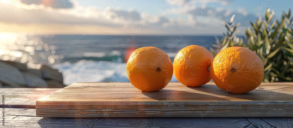 Leinwandbilder a wooden board showcases three round oranges against a blurred seascape backdrop with a wooden table