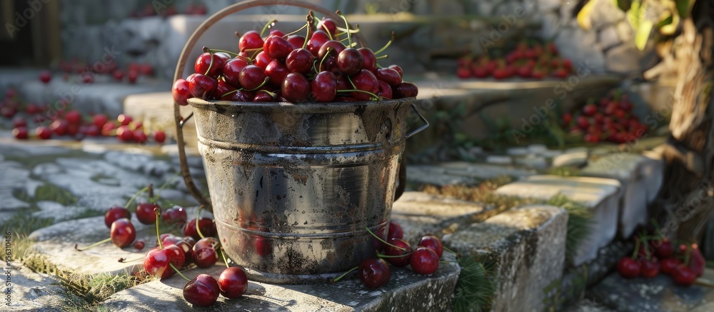 Aufkleber close up shot of a bucket of ripe cherries on garden stairs with copy space image