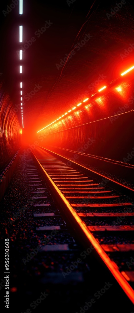 Poster a mesmerizing view of a glowing tunnel with vibrant red lights illuminating the railway, creating an