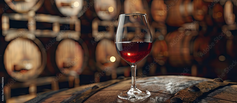 Aufkleber close up shot of a glass of red wine against an oak cask backdrop with reflections ideal for copy sp