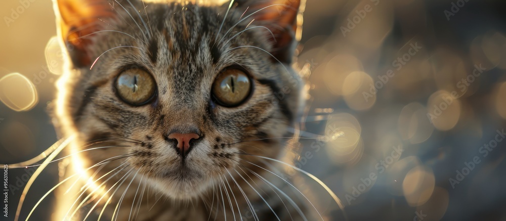 Poster Adorable feline gazing directly at you with a soft background and plenty of copy space image