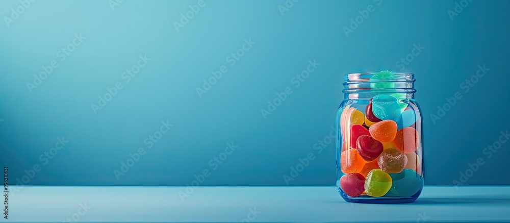Poster blue jar filled with jelly candies on a matching blue backdrop with room for a text overlay in a cop