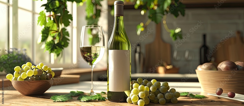 Poster a tabletop set up showcasing a bottle of white wine grapes and glasses with space for additional gra