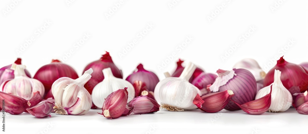 Aufkleber isolated on a white backdrop garlic allium sativum and red onion allium cepa l are present in the im