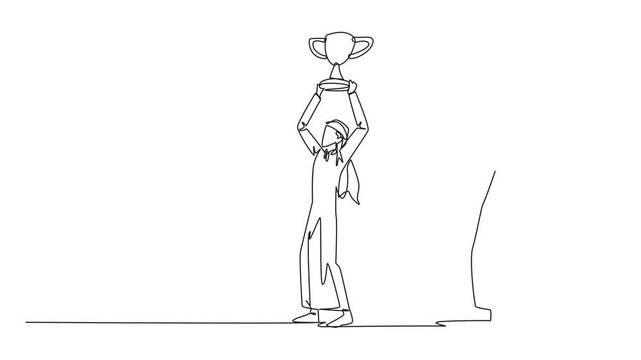 Animated self drawing of one line drawing Arab businessman standing lifting trophy. Business friends prepare to stab in the back. Unhealthy business competition. Full length single line animation