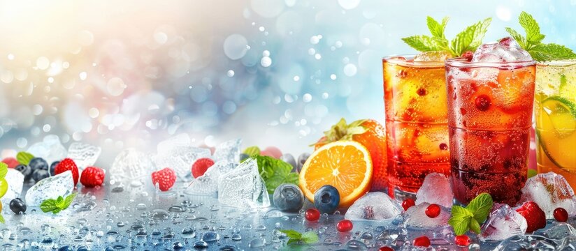 Refreshing chilled beverages like icy cold drinks and fresh juicy juices perfect for hot summer days with copy space image