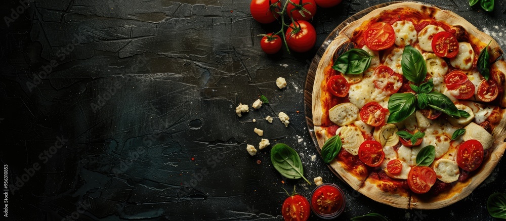 Poster artichoke mozzarella tomatoes and cheese tart pizza on a wooden board against a dark background view