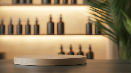 Elegant wooden display stand with a blurred background of dark bottles, perfect for showcasing products in a modern setting.