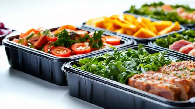 Delicious healthy meal prep with fresh vegetables, chicken, and greens in black containers for a balanced diet and convenient eating.