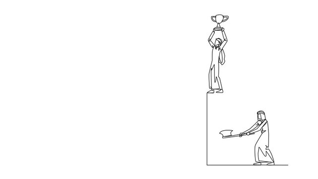 Self drawing animation of single continuous line drawing Arab businessman achieves highest honors. The hypocrite who doesn't like business partner's happiness. Thorn in the flesh. Full length animated