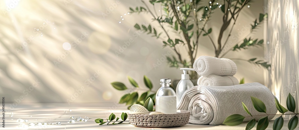 Fototapete An arrangement featuring spa items and a plant branch set against a bright background with empty space for adding an image. Creative banner. Copyspace image