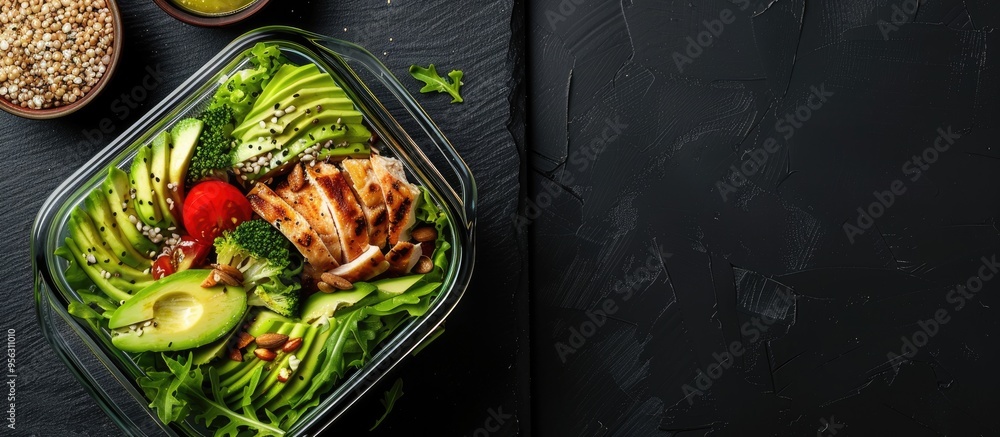 Aufkleber glass container on black table filled with a fresh salad avocado chicken and buckwheat seen from abo