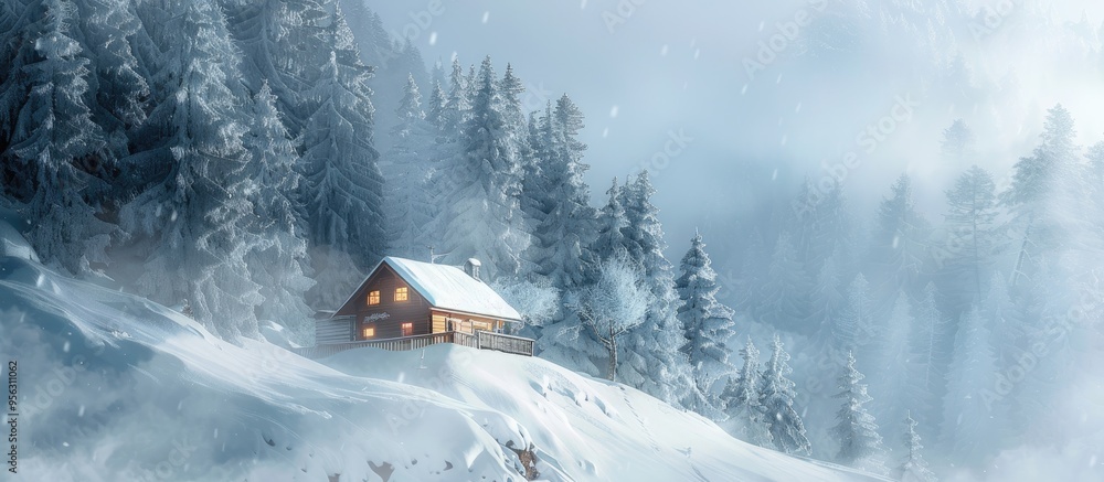 Aufkleber A charming cabin surrounded by snowy trees on misty mountain slope with copy space image