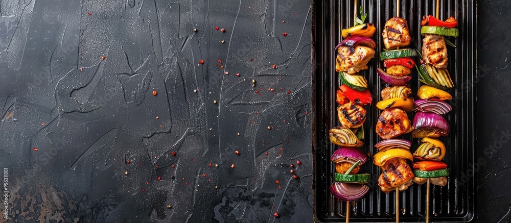 Poster chicken kebab skewers with grilled vegetables on a black metal tray viewed from above with space for
