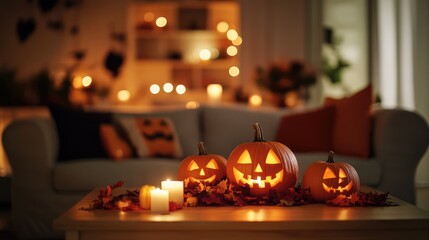 Living Room with Halloween Decoration, Pumpkins and Candles on the Coffee Table, 3D Illustration. AI generated illustration.