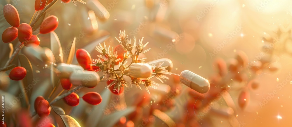 Aufkleber Ashwagandha capsules set against a blurred paper background with a close up view allowing for copy space image